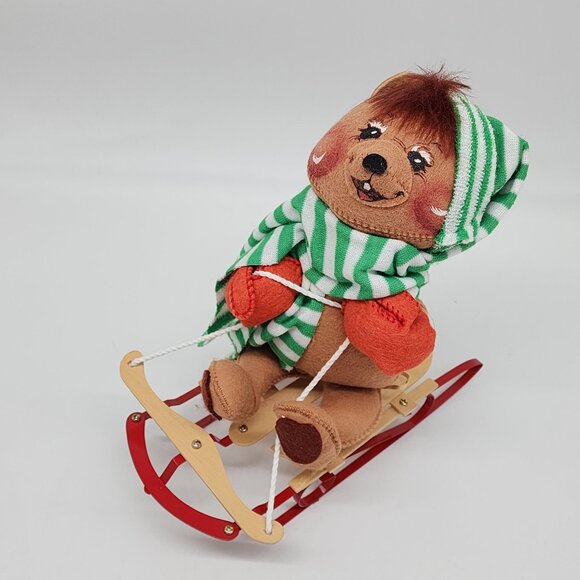 1988 Annalee Bear on Wood Sled 10" Tall Green White Scarf Christmas Decor VTG - Picture 1 of 8